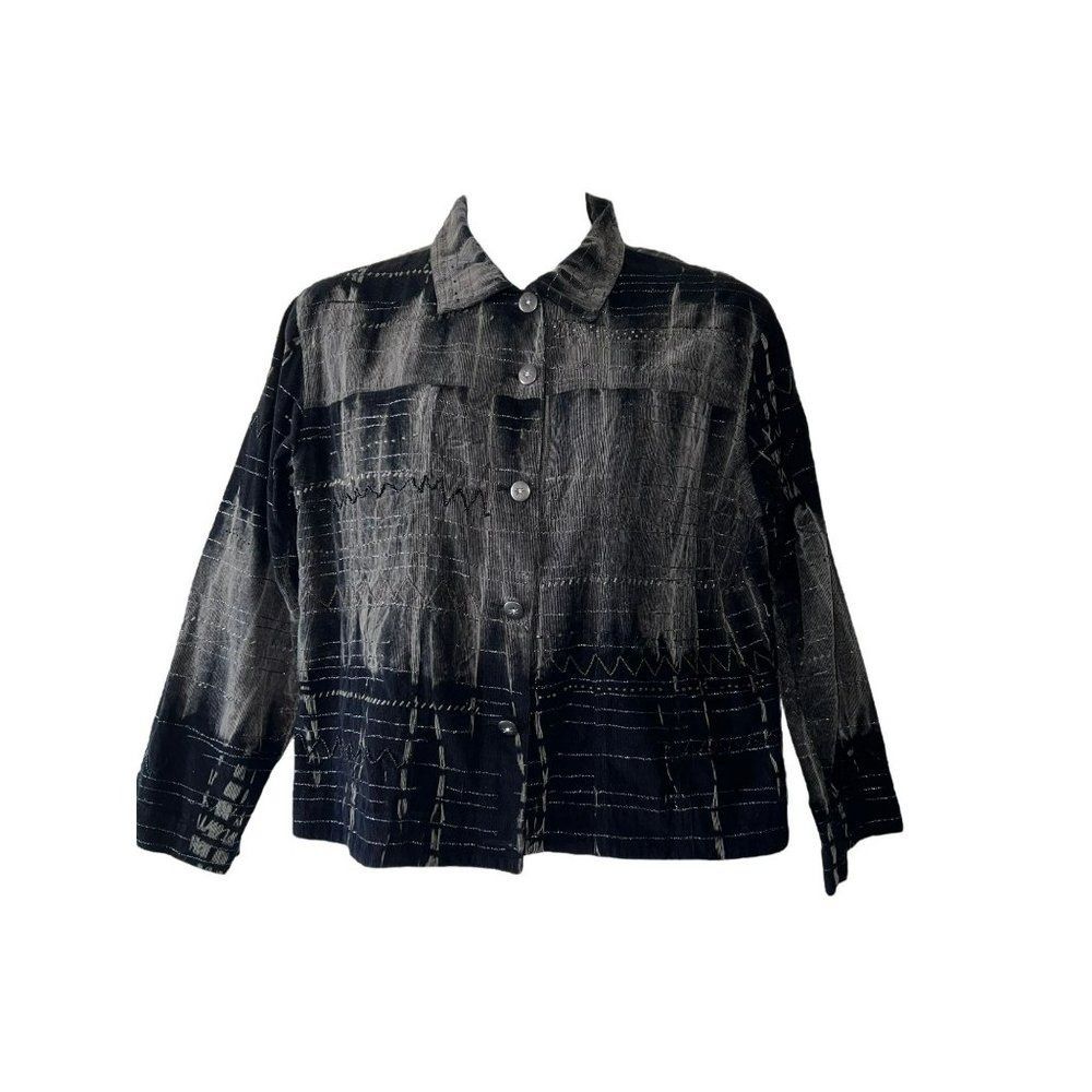 Chico's Women's Black & Gray Distressed Beaded Corduroy Jacket/Blazer - Size 3